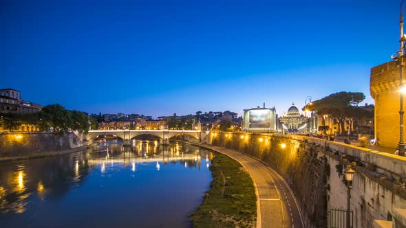 Ponte Vittorio Emanuele II Is Bridge Across Tiber Day To Night Timelapse in Rome, Italy alt