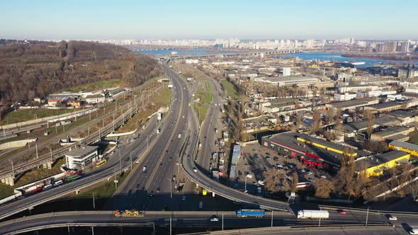 City Traffic on the Bridge.  Highway Interchange In Kyiv