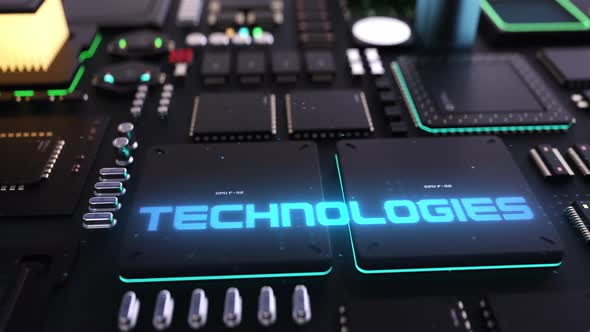 technology header on the background of the chip with a large number of processors.  alt