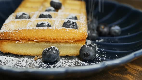 Golden Waffle with Fresh Blueberries in a Blue Bowl Sprinkled with Sweet Powder