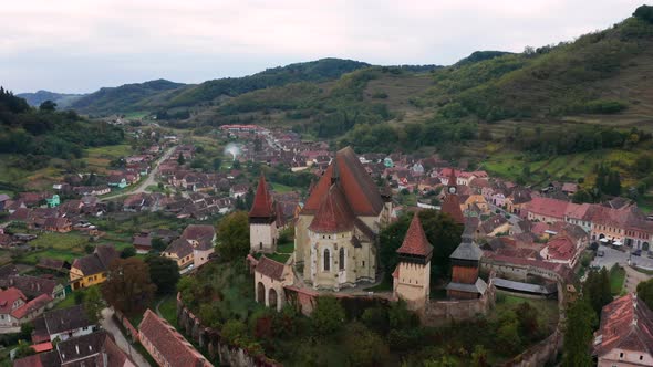 Aerial View of the Fortified Church of Biertan in Transylvania Romania alt