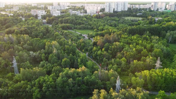 Green sunset park attractions aerial, Kharkiv city