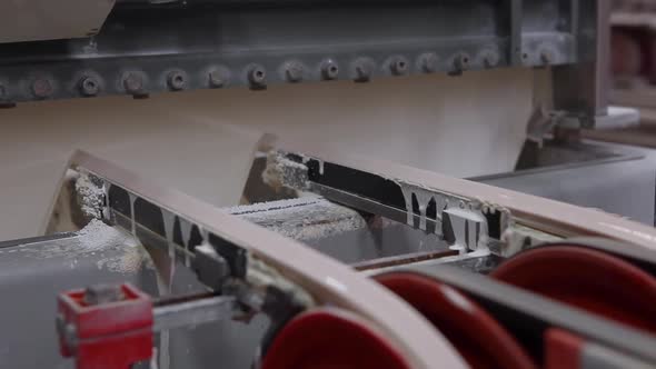 Production of ceramics, ceramic tiles areing on the paint line conveyor. alt