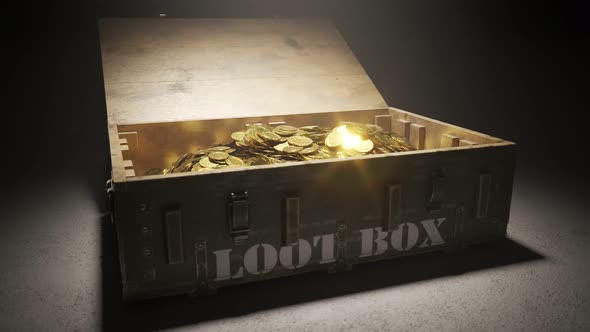 Animation of a wooden loot box full of shiny gold coins. Old, military container alt