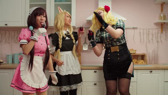 Cheerful Lovely Multiracial Women in Manga Style Costumes Enjoying Cosplay Party alt