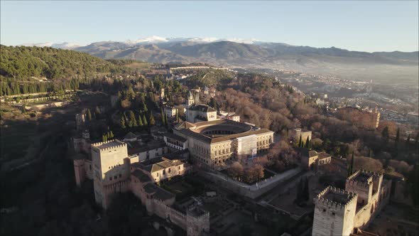 Aerial pullback reveals Palace of Charles V in middle of Alhambra fortress
