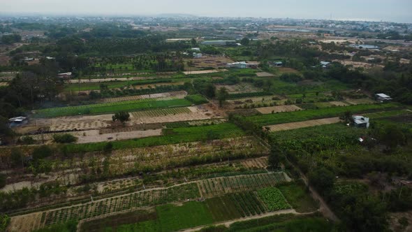 Agriculture fields in countryside of Phan ri cua, Vietnam. Aerial circling alt