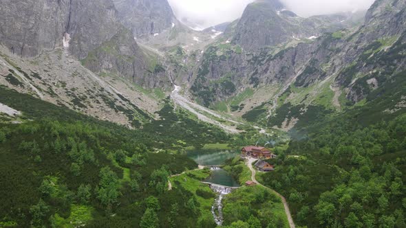 Aerial view of the lake Zelene pleso in the High Tatras in Slovakia alt
