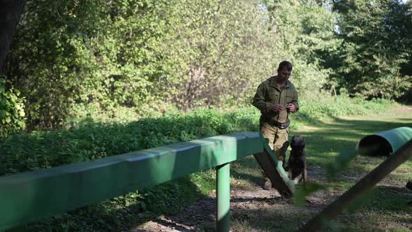Portrait of Caucasian Cynologist and Malinois Running Outdoors with Dog Passing Barrier Leaving alt
