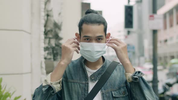 Portrait of an Asian man wearing a face mask against air pollution and covid-19 pandemic.