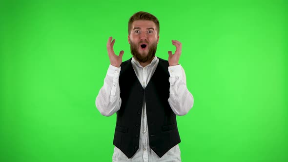 Surprised Man with Shocked Face Expression. Green Screen alt