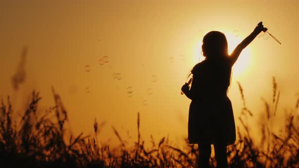 Silhouette of a Girl in the Grass at Sunset  Playing with Soap Bubbles alt