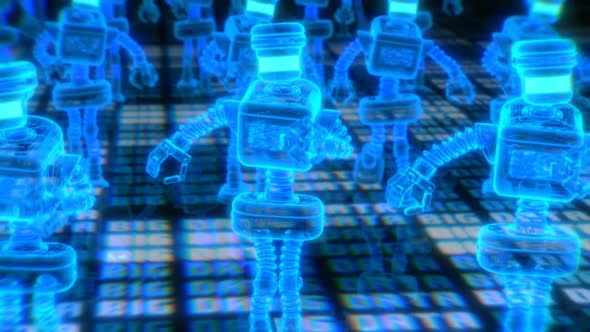 Neon wireframe walking robots