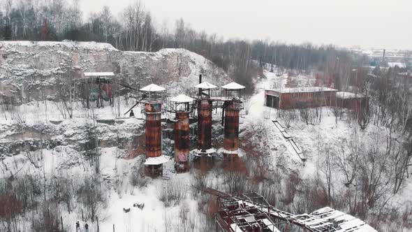 Drone View of Kamieniolom Liban  A Historic Site  Old Machines and Piping Equipment alt