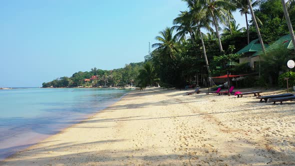 Peaceful empty sandy beach with tall palms and perfectly calm sea. Tropical summer vacation destinat alt