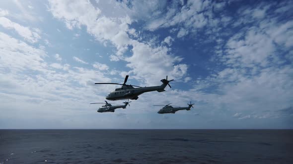 Military Helicopters Fly Over Sea