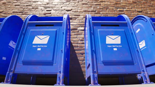 Endless row of blue mailboxes against a brick wall. Seamless looping animation. alt