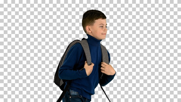 Cheerful boy in polo neck walking with a backpack, Alpha Channel alt