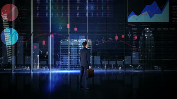 Rearview of businessman looking at digital animation of glowing graph interface alt