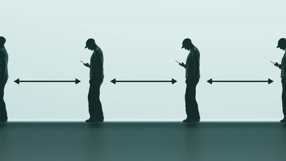 Social distancing. Arrows between men show a safe distance. COVID protection. alt