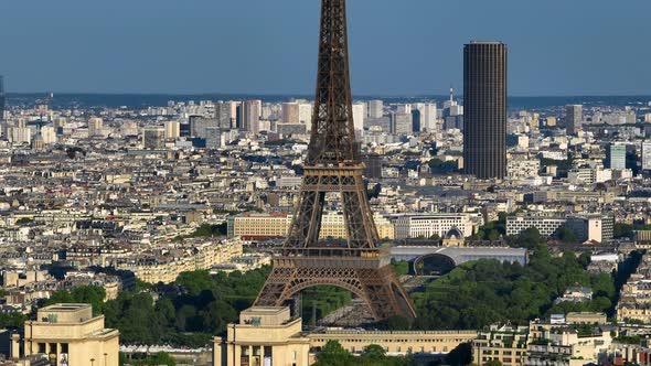 Aerial Drone Distant Sunset View of Tour Eiffel Tower and Seine River Bridge Traffic Cars Driving alt