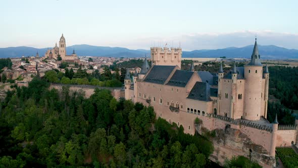 Aerial View of the Castle in the City of Segovia During Sunset. Summer in Spain