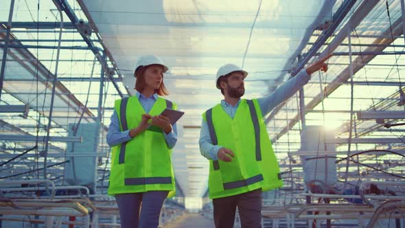 Two Warehouse Workers Inspecting Production Preparations in Greenhouse Talking alt