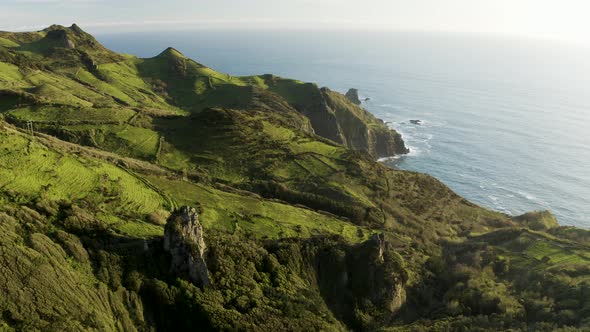 Aerial view of Sao Miguel island landscape, Azores Islands, Portugal. alt