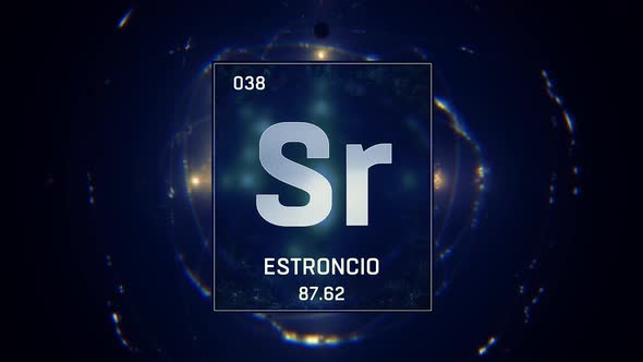 Strontium as Element 38 of the Periodic Table on Blue Background in Spanish Language