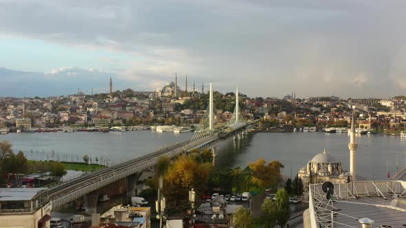 Wide aerial as a drone passes the rooftops of residential buildings in Istanbul Turkey revealing Hal alt