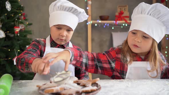 Happy Little Boy and Girl Preparing Christmas Cookies in the Kitchen Sprinkle Icing Sugar on the alt