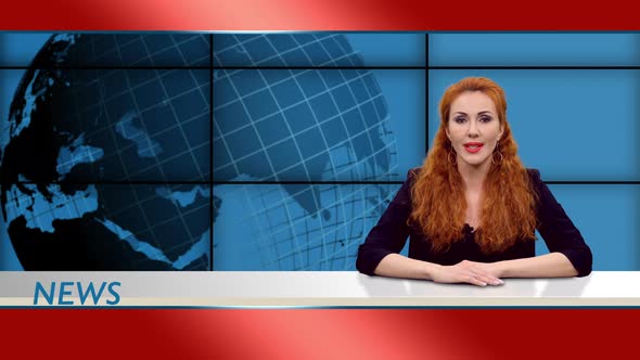 Elegant Redhead Female Newscaster Telling The Breaking News In TV Studio