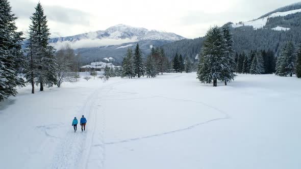 Couple walking on a snowy landscape during winter 4k alt