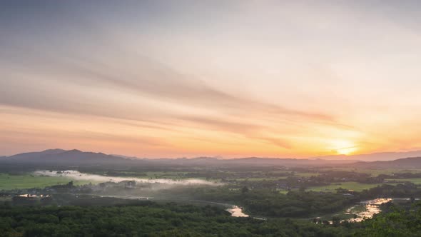 Beautiful landscape in the morning mist from the viewpoint. alt