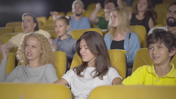 Group of People Throwing Popcorn in Cinema, Portrait of Angry Film-lovers Dissatisfied with Film alt