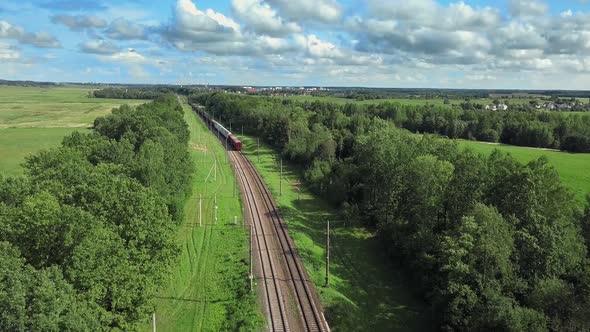 Train on the Rails. Following The Freight Train, Aerial