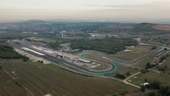 Aerial view of complete Hungaroring race track, overview of the circuit, paddock