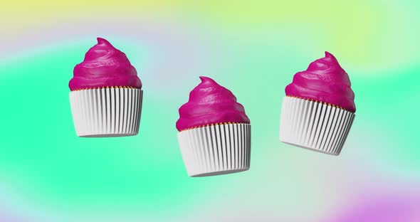 Minimal animation design. 3d creative pink muffin cake on gradient space.