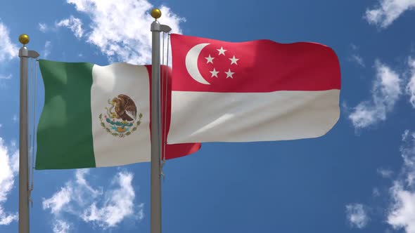 Mexico Flag Vs Singapore Flag On Flagpole alt