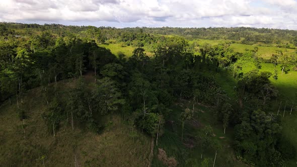 Aerial video in 4k of Costa Rican rainforest with small farmland within it. Mix of sun and clouds ca alt