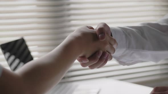 Asian businessman shaking hands with businesswoman partners while sitting at the office.