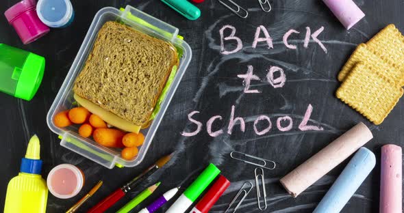 Back to school concept - Healthy school lunch box. Stop motion animation