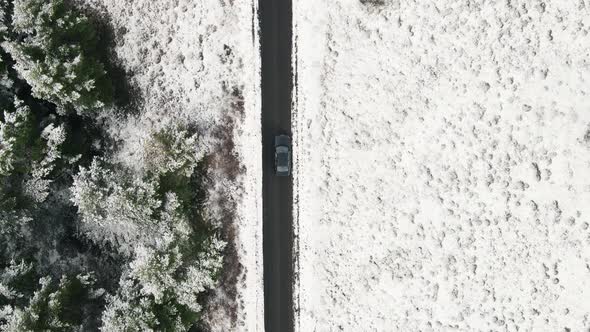 Aerial View of Snow Covered Trees in Forest and Winter Country Road with a Car. alt