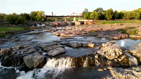 Aerial View of Sioux Falls Park in South Dakota with Rail bridge across the Big Sioux River