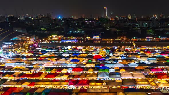 time lapse of Train Night Market Ratchada (Talad Rot Fai) at night in Bangkok, Thailand
