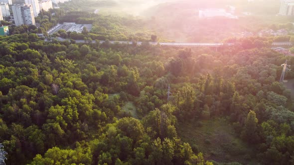 Aerial sunrise morning Kharkiv city park greenery