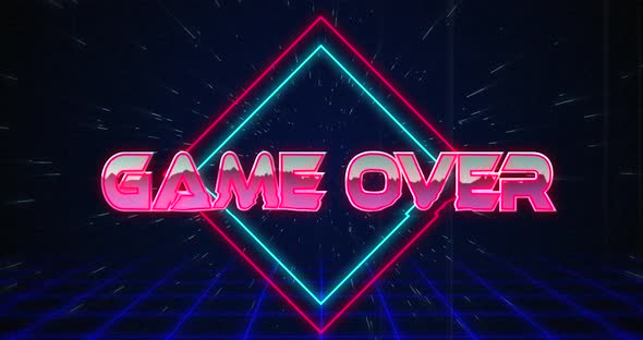 Retro Game over text glitching over blue and red triangles 4k, Motion ...