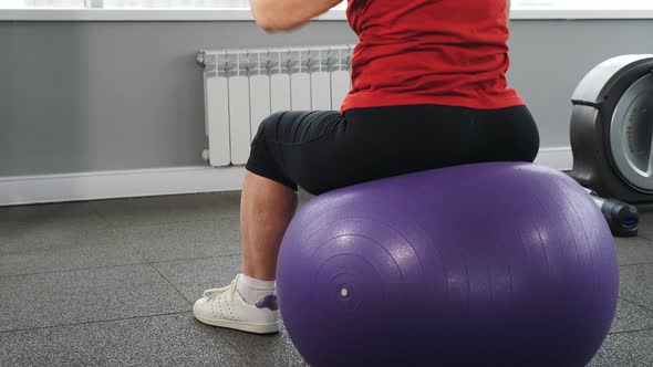 Back View of Retired Woman Sitting on Fitness Ball Exercising in Gym alt