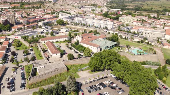 Picturesque Chaves cityscape, Portugal. Orbiting shot of the medieval walled Fort alt