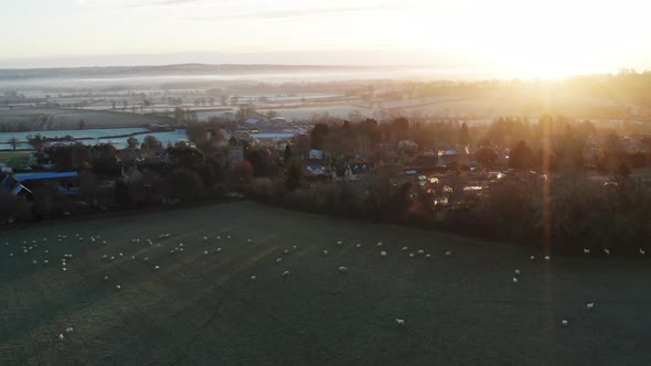 Aerial drone video of Typical English countryside and fields with sheep and a village alt
